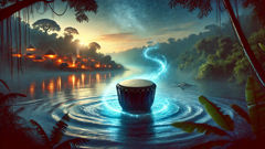 Mwindo à l’intérieur d’un tambour flottant, illuminé sur la rivière tandis que les esprits le guident vers la sécurité.