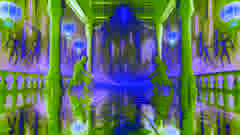Zwei Cyber-Ninjas kreuzen sich unter fluoreszierendem Regen auf den Kammbalkonen des Palasts.