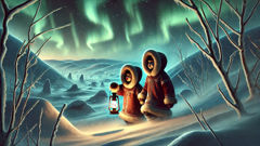 Inuit siblings searching the Arctic tundra under aurora-lit sky.