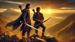 Sanasar and Baghdasar, heroic Armenian twins, stand side by side on Mount Sassoun with ancient weapons.
