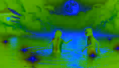 Lucía and Valeria swim in the glowing Pastaza River at midnight, surrounded by eerie blue lights and golden reflections