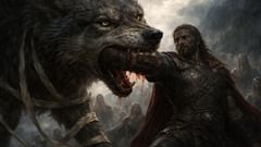 Tyr entrega su mano a las fauces de Fenrir, mientras el lobo comprende que la atadura es permanente.
