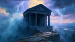 Ukko’s mountain hall shrouded in storm clouds, lightning illuminating blue granite walls.