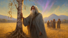 Ukko disguised as an old man stands by a withered birch tree under a parched sky.