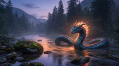 الأفعى تلتف عند حافة النهر، تاجها القرني يلمع بوميضٍ ثابتٍ أمام ظلال أشجار الصنوبر.