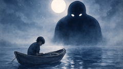 Ren faces the colossal Umibozu alone under moonlight on calm sea