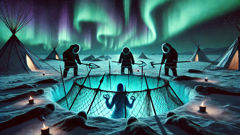 Nuviaq and friends trap the Mahaha in a pit surrounded by bone charms under a glowing aurora