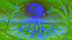 A council of Outback animals plotting by a dried waterhole under moonlight