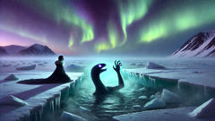 Anana meeting a Qallupilluq at the cracked ice edge in Arctic twilight