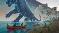 A modern mural: the Underwater Panther rises, horns framed by storm clouds, with native plants and restored shoreline in the foreground.