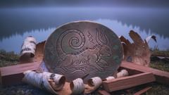 A stylized copper engraving showing a horned, scaled panther with curling tail and water motifs.