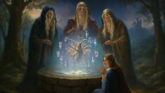 Elin meets the Norns at Urd’s Well, visions of Odin and runes swirling in mist.