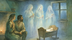 The Ursitoare emerge from silver mist in a Romanian cottage at midnight.