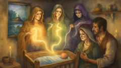 Ursitoare weaving golden, pale, and dark threads around a baby's cradle in Romania.
