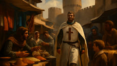 Tirant lo Blanc caminando por el bullicioso mercado medieval de Valencia.