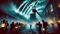 Townspeople firing at two glowing, winged creatures erupting from a coal mine at night.
