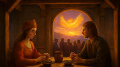 A Princesa Vasilisa e o Príncipe Ivan compartilham uma refeição tranquila num salão modesto, quando o Pássaro de Fogo aparece numa janela distante.