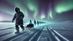 Anguta leads a procession of spirits across snowy tundra under shimmering auroras toward Adlivun.