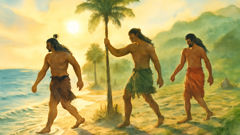 Los primeros hijos de Vatea y Papa: Tangaroa, con cabello de algas; Tane, que trenza bosques; y Rongo, junto al taro plantado, que dan vida a las islas.