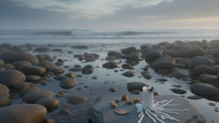 Uferlandschaft bei Nacht: Eine kleine Gabe aus Brot und einer Münze liegt auf einem flachen Felsen, während sich die Gezeiten zurückziehen.