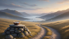 Ein kleines Steinhäufchen neben einem Feldweg, daneben eine Schale Sahne, die als Opfergabe zurückgelassen wurde.