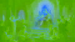 Dentro de Venusberg, Venus se sienta en su trono entre alegres encantados y espejos de agua relucientes.