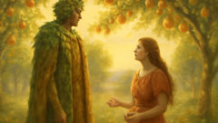 Vertumnus reveals his true form to Pomona among fruit-laden trees.