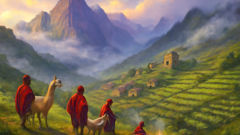 Traditional Andean village beneath snow-capped mountains with stone terraces and misty fields.