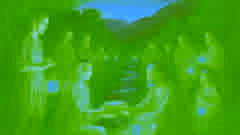 Villagers celebrating the woodcutter’s honesty with lanterns by the stream