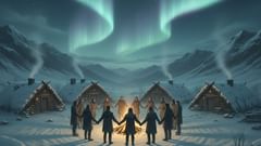Un pueblo costero se llena de voces ensayadas bajo la aurora boreal, mientras la risa de un Mahaha se deshace ante la disciplina humana.