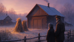 Une grange à battre du village russe avec des villageois à l'aube, dans une atmosphère de brume et de gel.