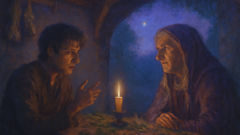 Baba Veta, the Romanian wise woman, listens intently in her herb-filled cottage