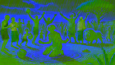 Villagers celebrate in the rain, dancing joyfully as Kalala kneels in exhaustion, having fulfilled his destiny as the Rainmaker