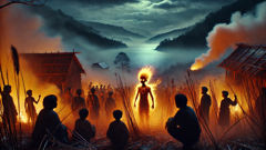 Vahagn se aparta de las cañas en llamas mientras los aldeanos observan, su cabello ardiendo.