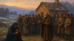 Villagers gather outside Philon's cottage in Arcadian countryside to mourn him
