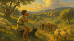 Villagers hurrying up a hillside as a shepherd boy calls out, sheep grazing calmly.