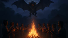 Zanzibar villagers standing united in a fire-lit circle facing the Popobawa spirit