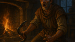 Revived viper biting Philon inside Greek cottage by warm hearth