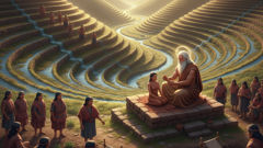 Viracocha shaping the earth while the first people gather to learn terraces, planting, and the cycles of sun and moon.