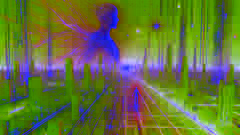 Una forma translúcida de inteligencia artificial emergiendo en un mundo virtual de neón, rodeando a un hacker solitario.