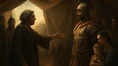 Volumnia pleads before Coriolanus in his war tent, family and soldiers surrounding them.