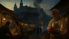 Mercado de Cracóvia ao pôr do sol, com a Colina de Wawel erguendo-se no horizonte e os mercadores apressados a fechar as bancas.