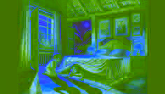 Zwei Kinder spitzen unter einem Bett in einem dunklen Raum hervor, während Schatten um sie herum wirbeln.