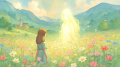 Mirela glimpses a glowing Zana among wildflowers in the meadow.