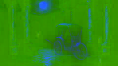 Um pátio iluminado pela lua em Calcutá, com um riquixá espectral deslizando sob arcos antigos.