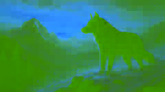White Fang de pie, triunfante, en la cima de una montaña azotada por el viento al atardecer, con su pelaje brillante bajo la luz dorada