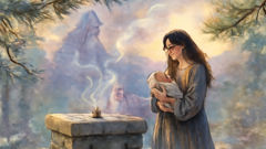 White fox spirit cradling a baby at a Sansin shrine in winter