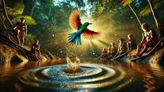 Bright-Feather, der listige Vogel, fliegt über dem Teich hinweg, während Kinder und Älteste ihm beim Unfug und bei seinen Lektionen zuschauen.