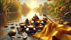 Offrandes à Oshun : du miel, des miroirs et un tissu jaune disposés avec révérence sur des pierres de rivière.