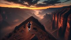 Itaru, o mensageiro e portador de sementes, move-se ao longo de uma crista, enquanto o pôr do sol dourava as paredes do cânion.